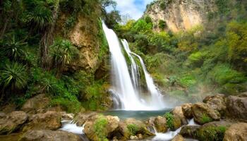 ai generiert Reise Ziel von ein szenisch Wasserfall Landschaft auf ein tropisch Ferien foto