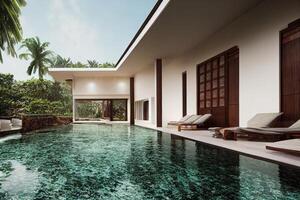 Luxus mit tropisch Urwald Villa Resort luxuriös Schwimmen Schwimmbad. generativ ai Illustration foto