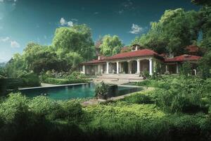 Vorderseite Aussicht von modern entworfen Villa oder Wohn Haus im tropisch Stil, generativ ai Illustration foto