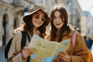 ai generiert zwei jung Frauen suchen beim ein Karte während Stehen auf ein Straße foto