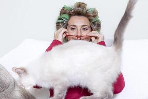 schön Dame mit Lockenwickler streicheln das Katze auf das Couch foto