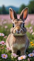ai generiert Foto von süß Hase Hase mit groß Augen Stehen im ein Feld von Blumen Illustration. ai generiert