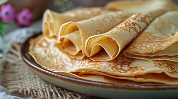 ai generiert dünn Pfannkuchen. traditionell Russisch Gericht blini schließen hoch. maslenitsa Pfannkuchen Woche Feier.. foto