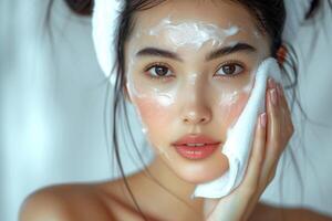 ai generiert Schön, jung, asiatisch Frau mit sauber frisch Haut, waschen ihr Gesicht mit Handtuch auf Weiß Hintergrund beim heim. Gesicht Pflege, Gesichts- Behandlung, Kosmetologie, Schönheit und Spa, asiatisch Frauen Porträt. foto