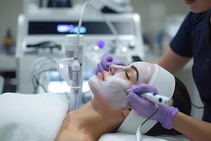 ai generiert Kosmetikerin macht Peeling zum Verjüngung Frau Gesicht Hautpflege, Anti Altern kosmetisch Verfahren im Schönheit Salon. Kosmetikerin Hände im Handschuhe macht Gesicht Haut Behandlung, Hydrafacial schälen foto