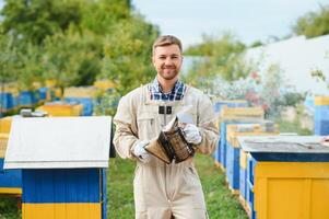 Imker Arbeiten sammeln Honig. Bienenzucht Konzept. foto