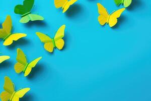 ai generiert Gelb Schmetterlinge auf Blau Hintergrund mit Kopieren Raum. oben Sicht. Frühling Muster Natur Hintergrund foto