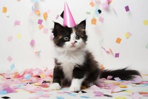ai generiert süß bezaubernd Geburtstag Katze mit Konfetti, und im Party Hut Sitzung auf Weiß Hintergrund. foto