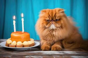 ai generiert Katze Sitzung auf Tabelle mit Kuchen mit zwei Jahre Kerze feiern Geburtstag Party auf Blau Hintergrund foto