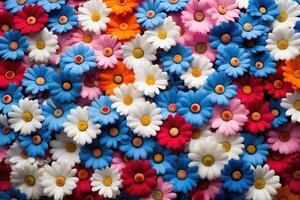 ai generiert kreativ Hintergrund von Sommer- Kamille Blumen. eben legen. Natur Konzept. foto