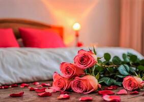 ai generiert Schlafzimmer mit Single Rose und Blütenblätter auf Bett, Kopieren Raum .Valentinstag Tag foto