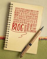 Wolke von Wörter oder Stichworte verbunden zu Bloggen und Blog Design - - Handschrift im ein Notizbuch, Vertikale Poster foto
