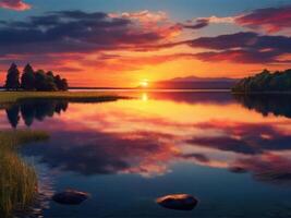 ai generiert Sonnenuntergang im das See Hintergrund foto