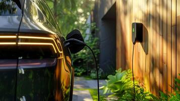 ai generiert elektrisch Auto und ev Ladegerät im Haus beim Garage . foto