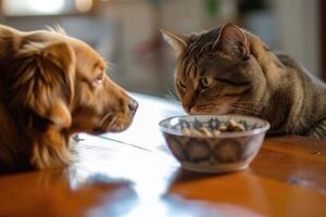 ai generiert ein Katze und Hund Essen von ein Schüssel foto