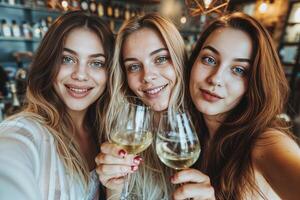 ai generiert drei Frauen halten Wein Brille im ein Bar foto