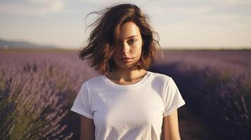 ai generiert ein Brünette Mädchen mit ein kurz Haarschnitt im ein Weiß T-Shirt posiert im ein Lavendel Feld foto