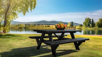 ai generiert Hinterhof schwarz Picknick Tabelle im ai generiert foto