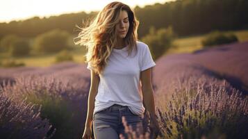 ai generiert ein blond Mädchen im ein Weiß T-Shirt und Jeans Spaziergänge im ein Lavendel Feld foto