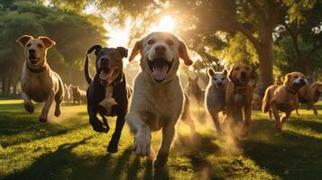 ai generiert Sozialisierung Hunde spielen im Park ai generiert foto