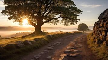 ai generiert Gehen Camino Santiago Morgen ai generiert foto