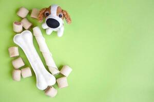 Sanft Spielzeug zum Hunde und Leckereien auf ein Licht Grün Hintergrund. foto