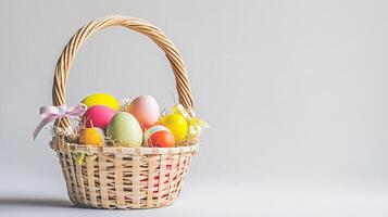 ai generiert ein Ostern Korb mit Eier und Blumen stiehlt das Scheinwerfer, sorgfältig vereinbart worden gegen ein klar, strahlend Weiß Hintergrund und Kopieren Raum zum Text foto