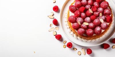 ai generiert oben Aussicht von Himbeere Charlotte Kuchen auf Weiß Hintergrund mit Kopieren Raum köstlich frisch gebacken gesund vegan hausgemacht Dessert foto