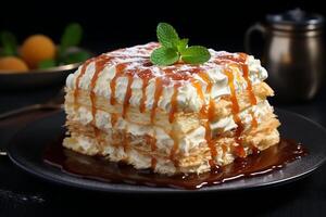 ai generiert Napoleon Kuchen auf ein dunkel Beton Hintergrund. geschichtet Freude köstlich frisch gebacken gesund vegan Gourmet lecker hausgemacht Dessert foto