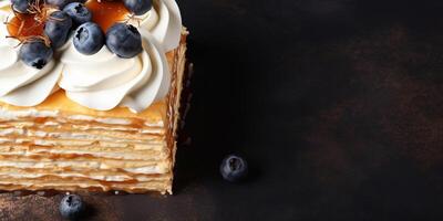 ai generiert oben Aussicht von Napoleon Kuchen auf dunkel Hintergrund mit Kopieren Raum geschichtet Freude köstlich frisch gebacken gesund vegan hausgemacht Dessert foto