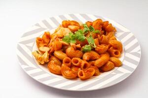 Makkaroni Pasta mit Tomate Soße und geschnitten Würstchen serviert auf ein Weiß Teller auf ein Blau Hintergrund. foto