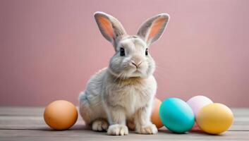 ai generiert Foto von ungewöhnlich und komisch Ostern Hase mit Pastell- Farbe Eier. ai generiert