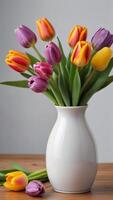 ai generiert Foto von einstellen von bunt Tulpen Blumen Strauß von bunt Tulpen im ein Weiß Vase bunt Tulpe schließen oben isoliert auf ein Weiß Hintergrund. ai generiert