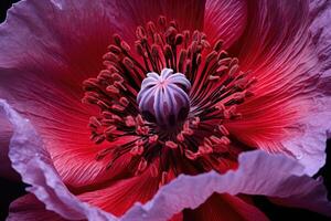 ai generiert Detail von Opium Mohn Blume, im Latein Papaver Somniferum, lila farbig blühen Mohn foto