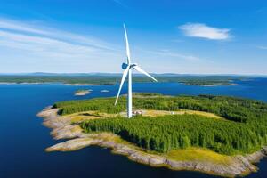 ai generiert Antenne Aussicht von Wind Turbine Bereitstellung verlängerbar Energie auf das Insel. foto