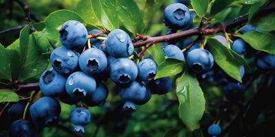 ai generiert reif Blaubeeren auf das Geäst von ein Busch im das Garten. foto