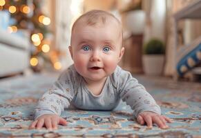 ai generiert bezaubernd Baby kriechen auf ein Sanft Weiß Teppich im ein gemütlich Leben Zimmer Rahmen foto