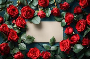 ai generiert ein leer Karte umgeben durch beschwingt rot Rosen auf ein dunkel Blau Hintergrund foto