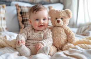 ai generiert lächelnd Baby mit Blau Augen Nächster zu ein braun Teddy Bär auf ein Sanft Bett foto