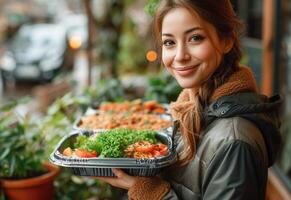 ai generiert lächelnd jung Frau liefern frisch Sushi Platten auf ein beschäftigt Stadt Straße foto