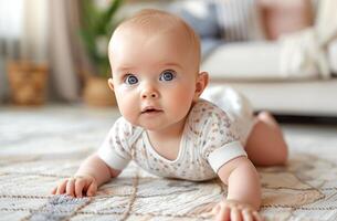 ai generiert bezaubernd Baby kriechen auf ein Sanft Weiß Teppich im ein gemütlich Leben Zimmer Rahmen foto