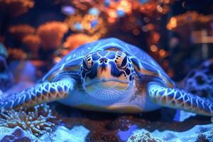 ai generiert neugierig Meer Schildkröte Schwimmen gegenüber das Kamera im ein klar Aquarium Panzer foto