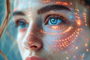 ai generiert Frauen Gesicht beleuchtet durch ätherisch Digital Licht Muster im Nahansicht Aussicht foto