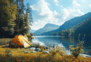 ai generiert still Sonnenuntergang Aussicht beim Flussufer Camping Seite? ˅ im ein bewaldet Bereich foto