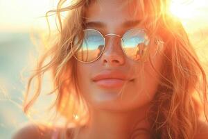 ai generiert jung Frau tragen Sonnenbrille genießen das golden Stunde auf ein Sommer- Strand foto
