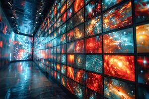 ai generiert beschwingt Galaxis Bilder angezeigt auf mehrere Bildschirme im ein dunkel Ausstellung Halle foto