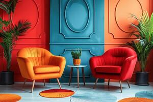 ai generiert beschwingt Innere Design mit Orange und Blau Farbe planen mit stilvoll Stühle und Mauer Verkleidung foto