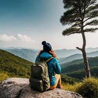 ai generiert Reisender weiblich Frau Sitzung auf das hügel. foto