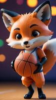 ai generiert Foto von ein süß 3d Fuchs spielen Basketball auf ein solide Farbe Hintergrund . ai generiert