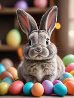 ai generiert Foto von glücklich Ostern Hase mit viele bunt Ostern Eier. ai generiert